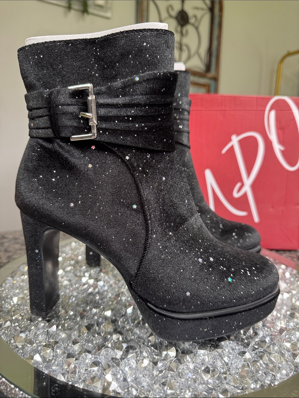 Impo Moira bling Black Glitter Platform Ankle Boots with Buckle NEW 7
